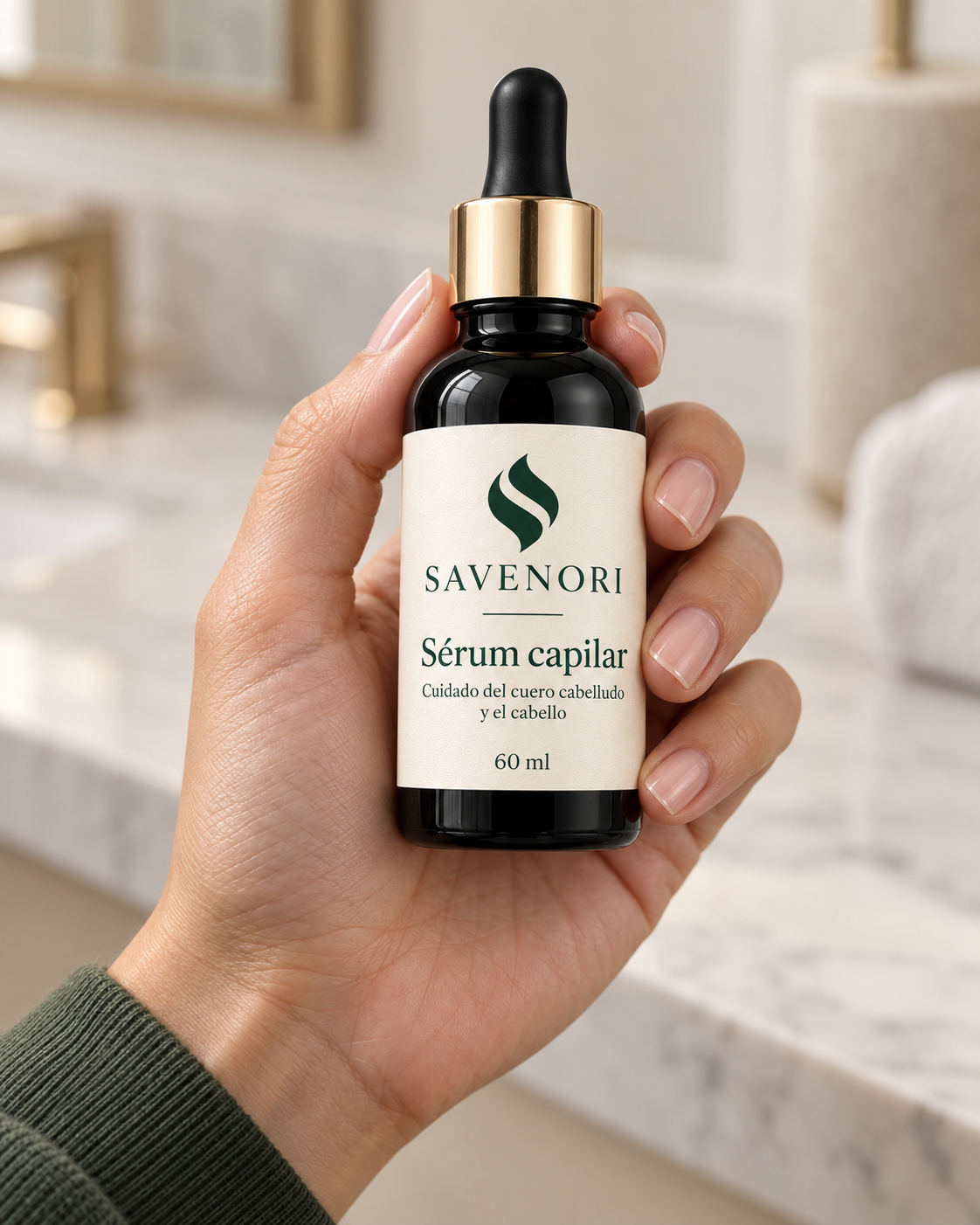 Imagen ilustrativa del sérum Savenori sostenido en una mano